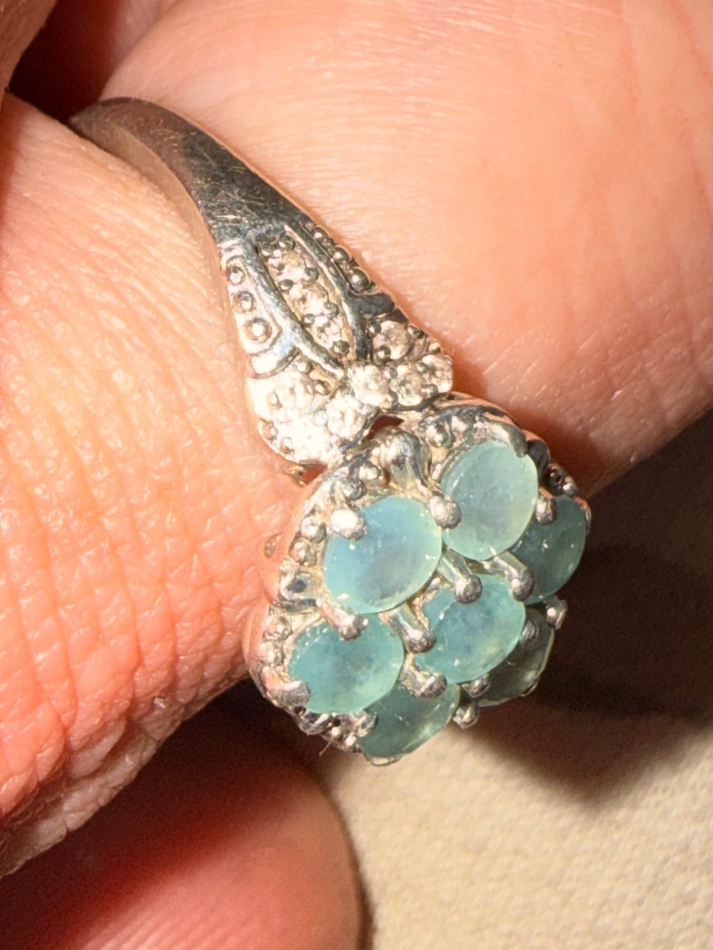 ✨Rare ✨925 Sterling Silver Grandidierite & Diamond Flower Cluster Ring Sz8 - Picture 9 of 17